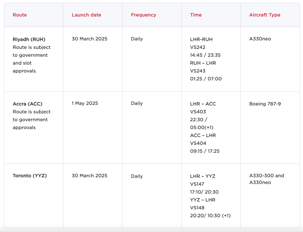 Virgin Atlantic new destinations